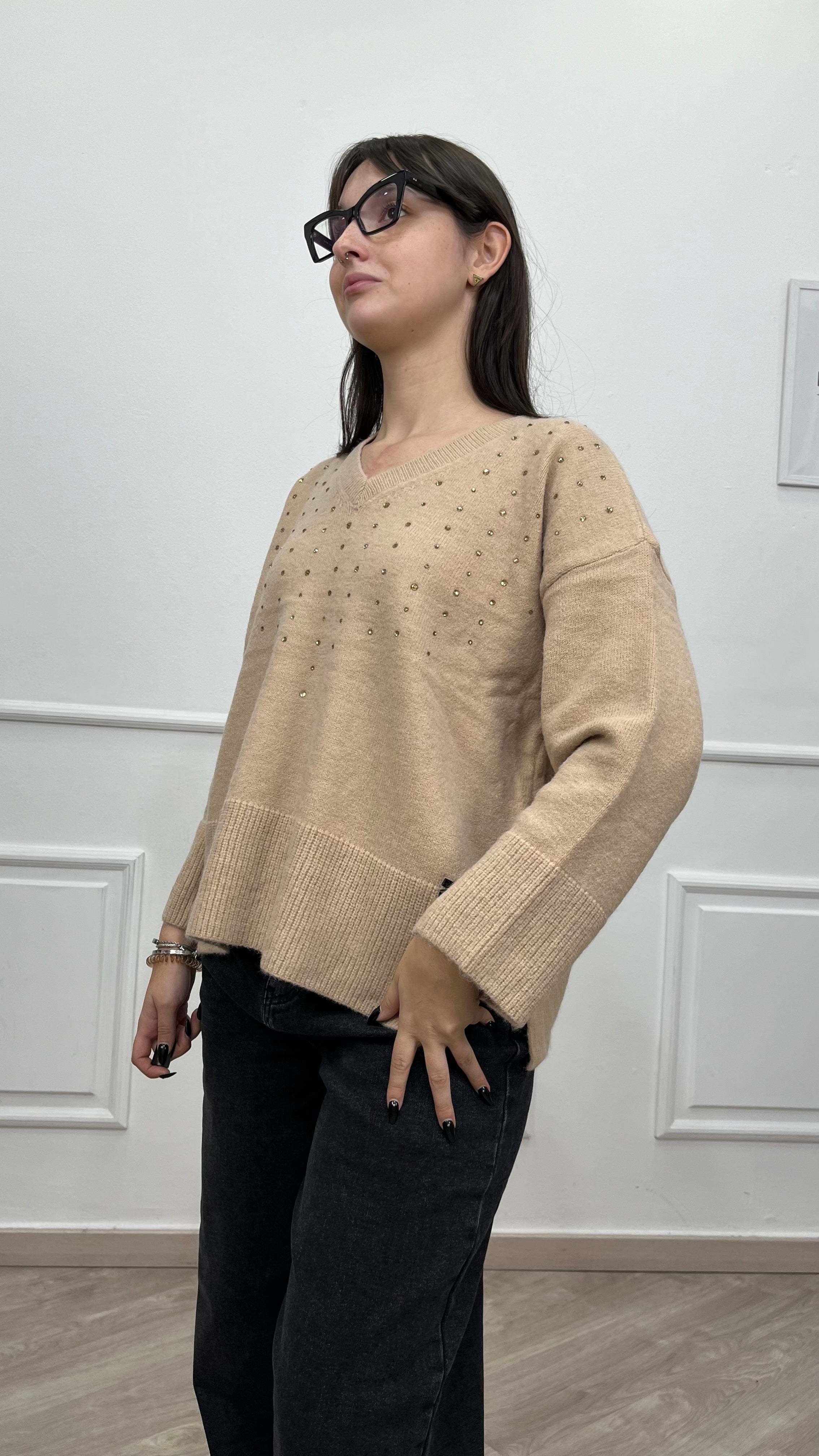 Maglia collo a V - Strass